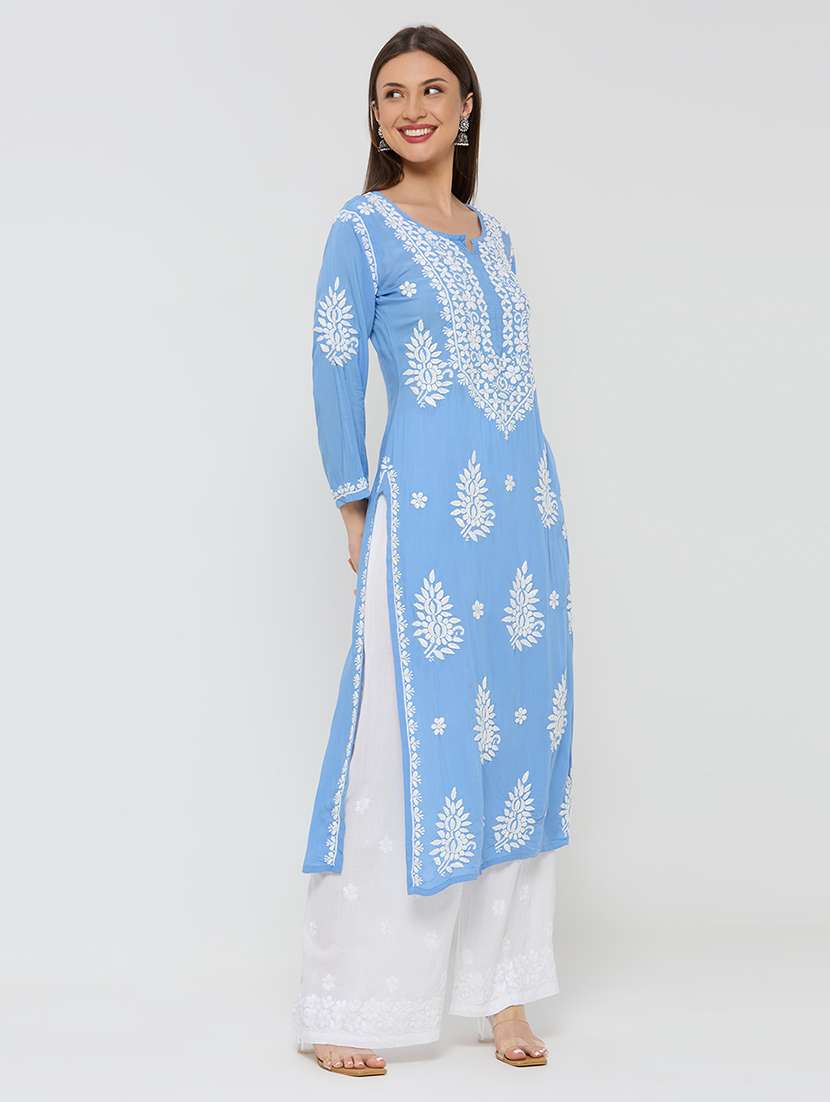 women solid with work long sleeve straight kurta - 22292686 -  Standard Image - 2