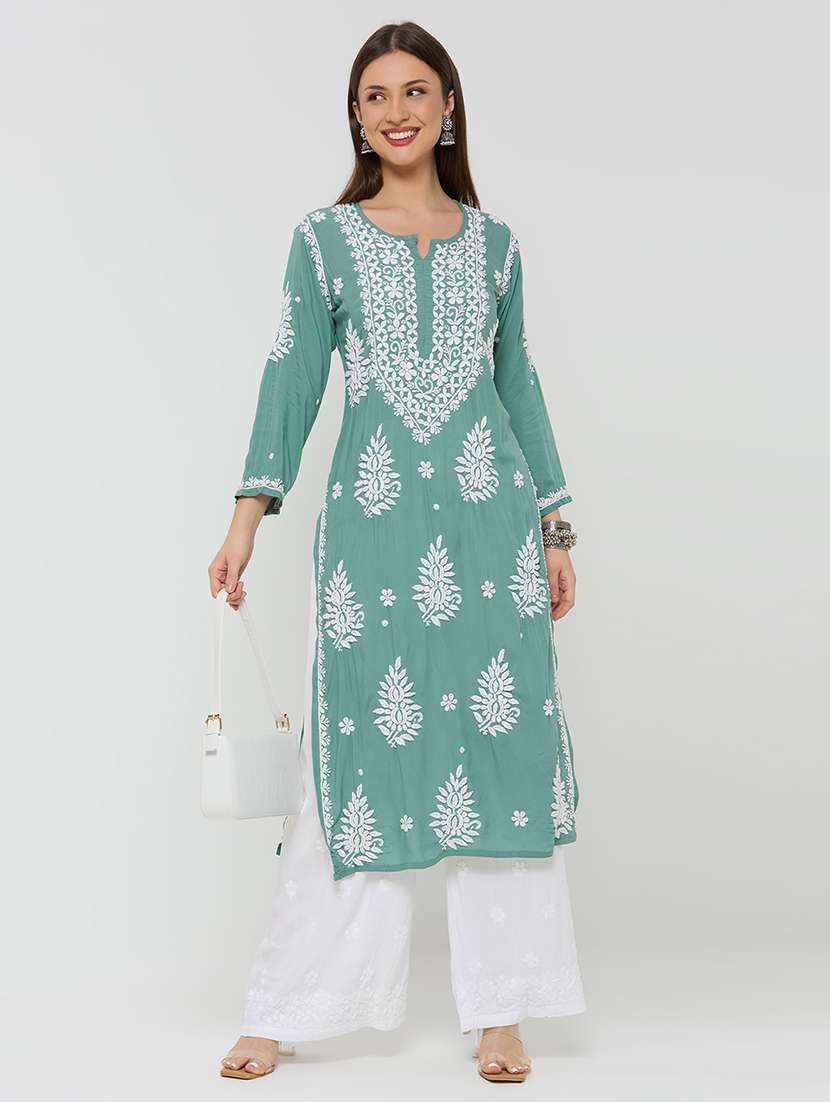 women solid with work long sleeve straight kurta
