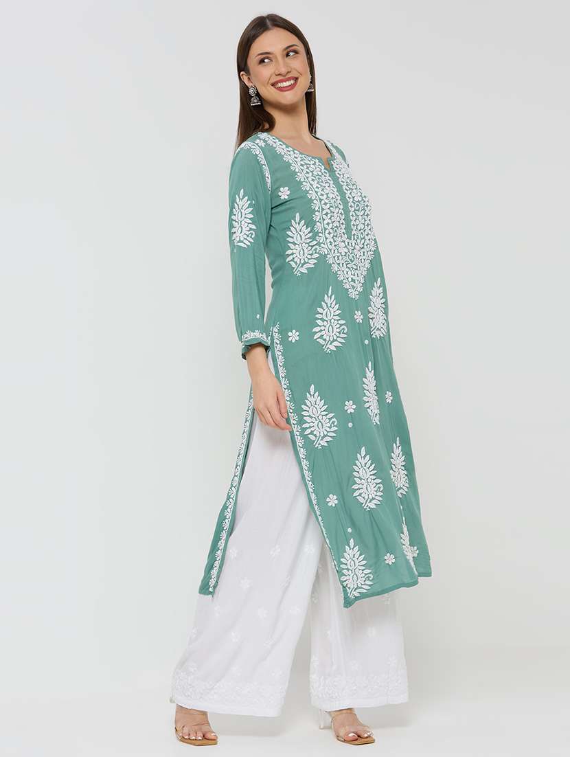 women solid with work long sleeve straight kurta - 22292687 -  Standard Image - 2