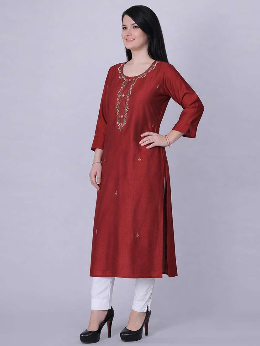 women solid with work three quarter sleeve straight kurta - 22292694 -  Standard Image - 2