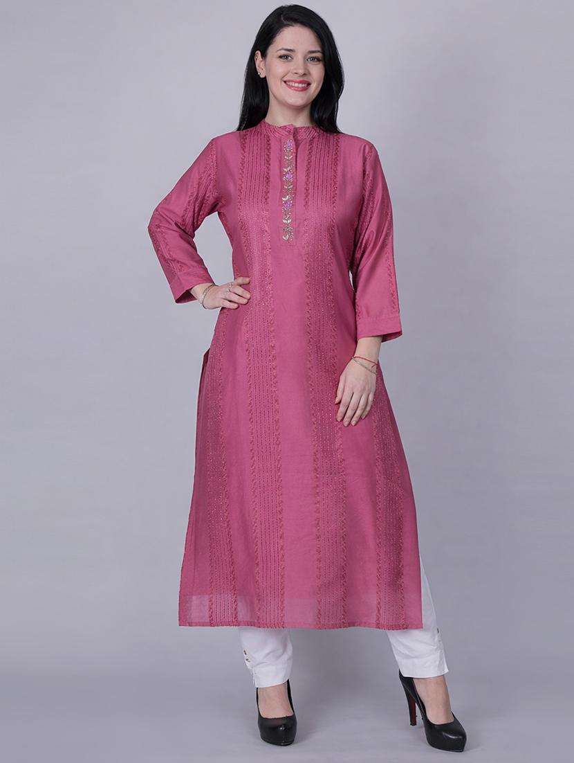 women solid with work three quarter sleeve straight kurta