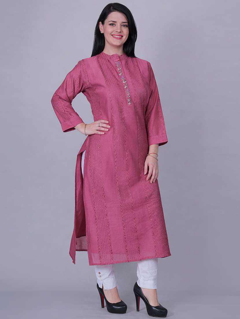 women solid with work three quarter sleeve straight kurta - 22292695 -  Standard Image - 2
