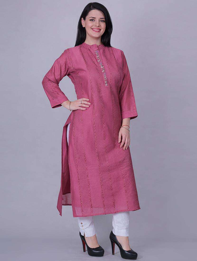 women solid with work three quarter sleeve straight kurta - 22292695 -  Standard Image - 2