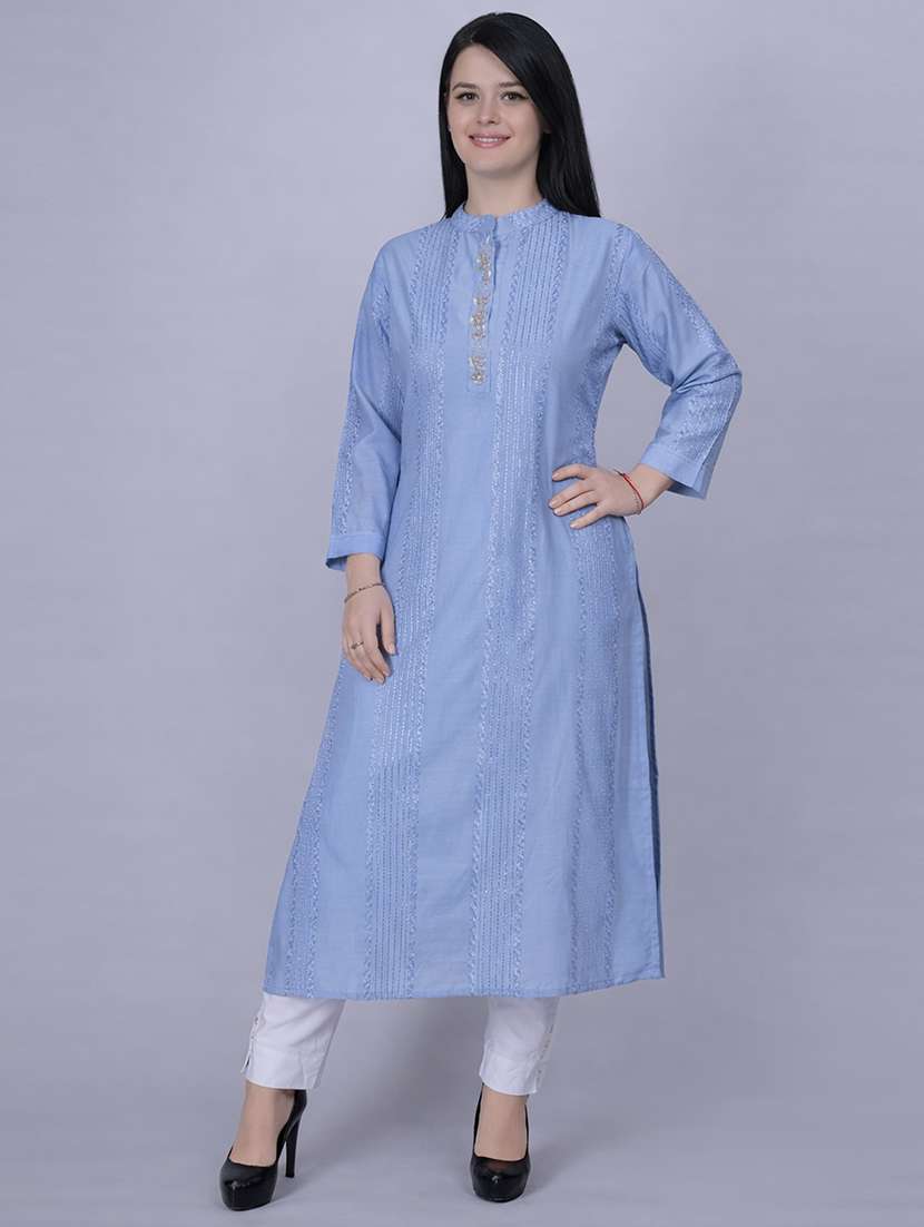 women solid with work three quarter sleeve straight kurta