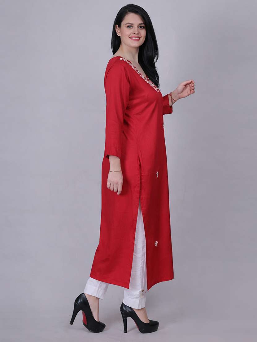 women solid with work three quarter sleeve straight kurta - 22292701 -  Standard Image - 2