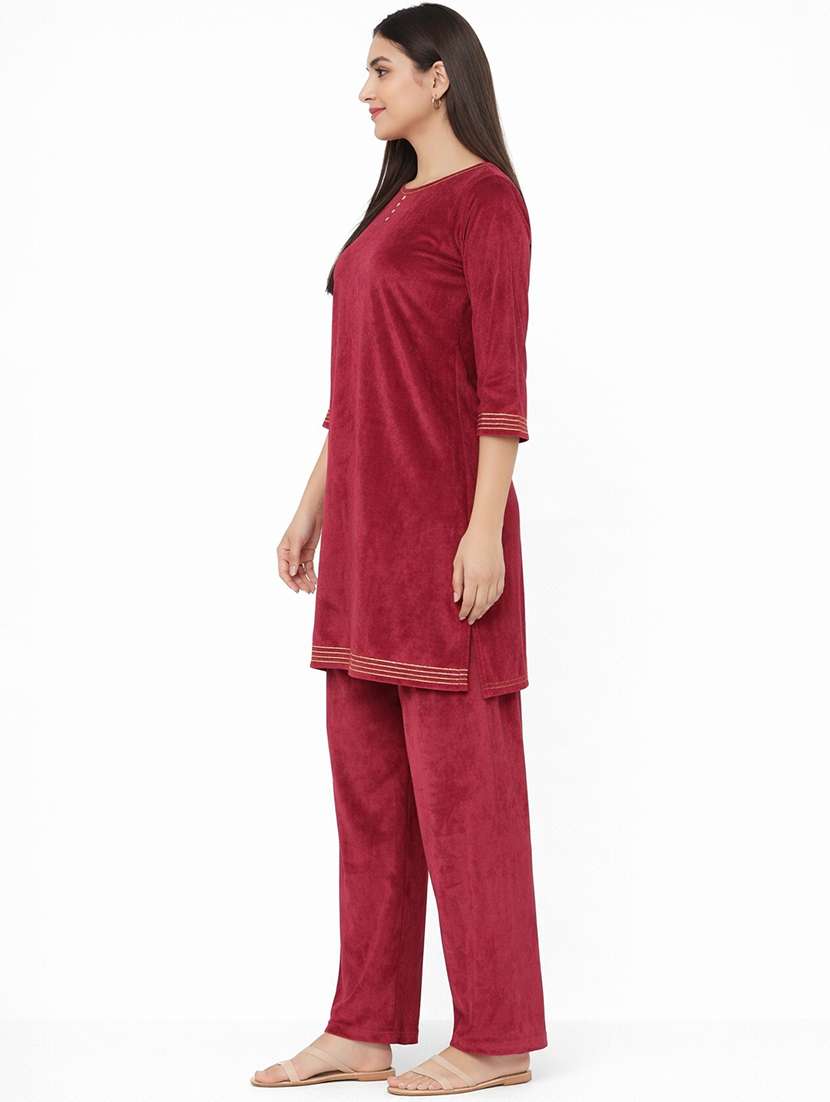 women solid three quarter sleeve velet co-ord set - 22292995 -  Standard Image - 2