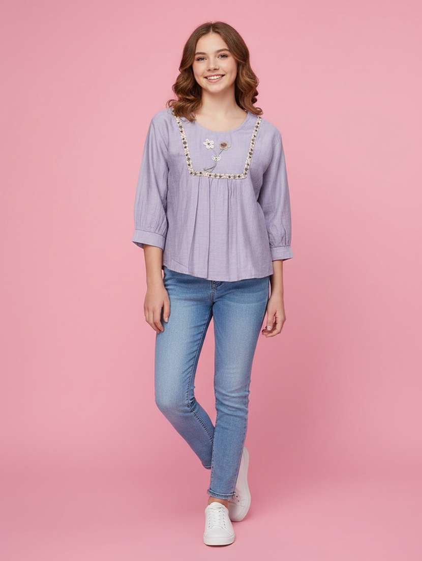 girls self designed three quarter sleeve top - 22293337 -  Standard Image - 2