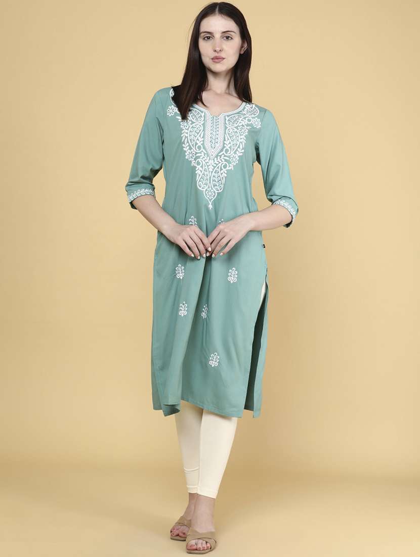women solid with work straight kurta