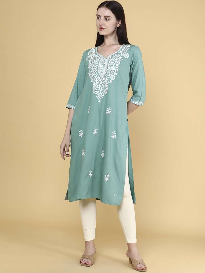 women solid with work straight kurta - 22293362 -  Standard Image - 2