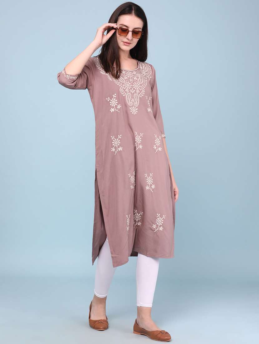 women embroidered three quarter sleeves straight kurta
