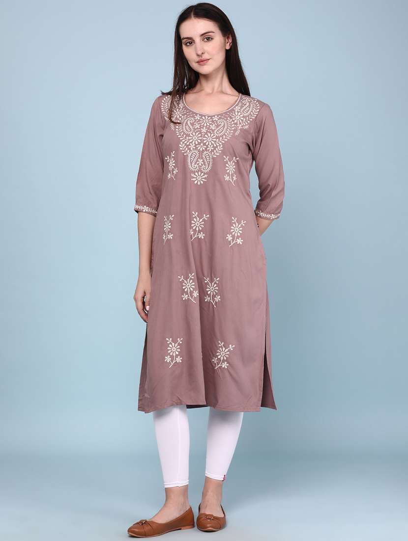 women embroidered three quarter sleeves straight kurta - 22293364 -  Standard Image - 2