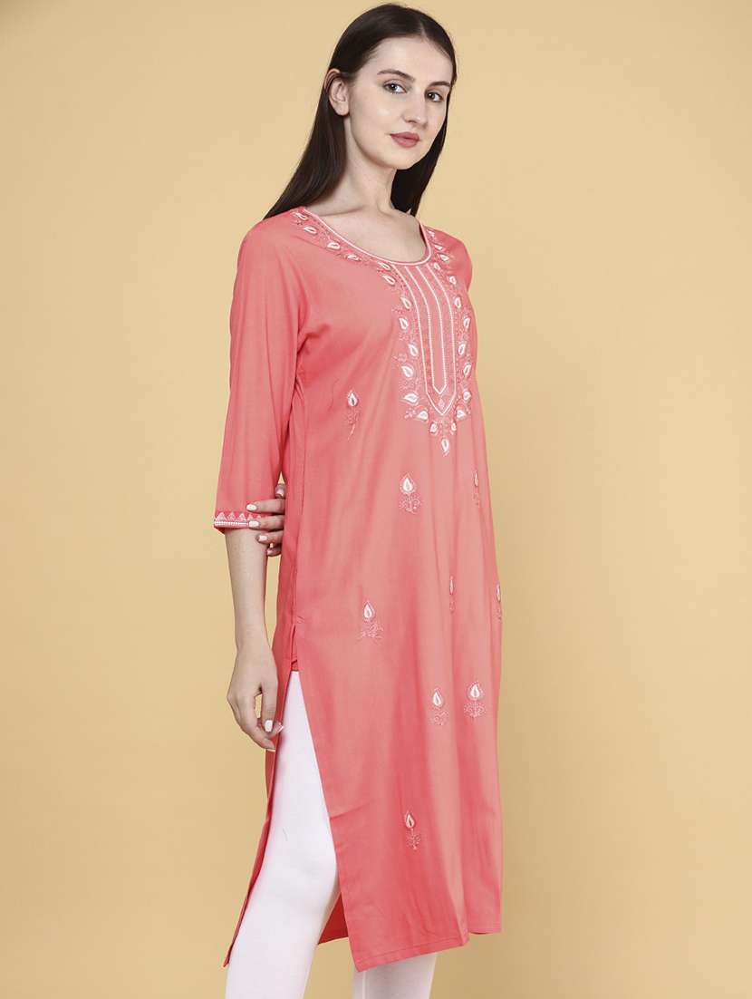 women solid with work straight kurta - 22293366 -  Standard Image - 2