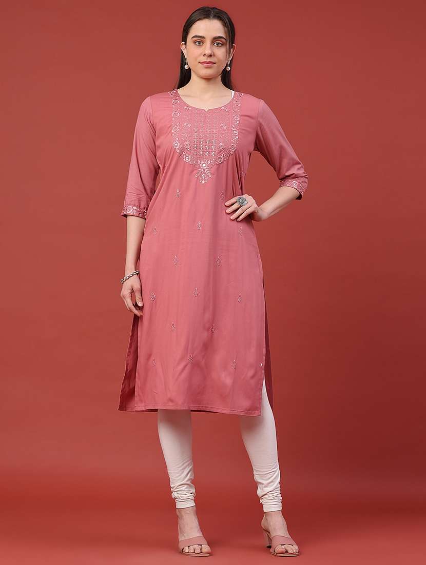 women embroidered three quarter sleeves straight kurta - 22293368 -  Standard Image - 2