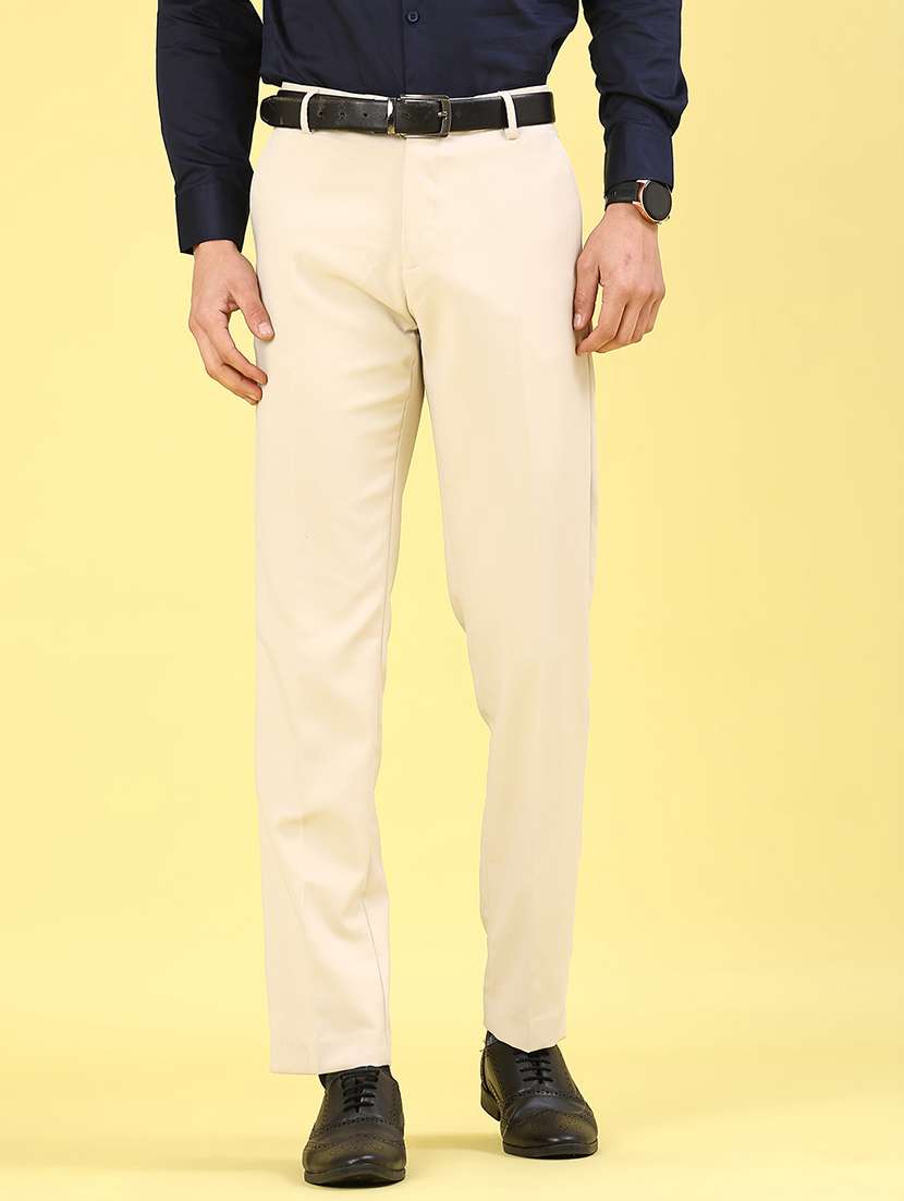 men beige cotton flat front trousers formal trouser