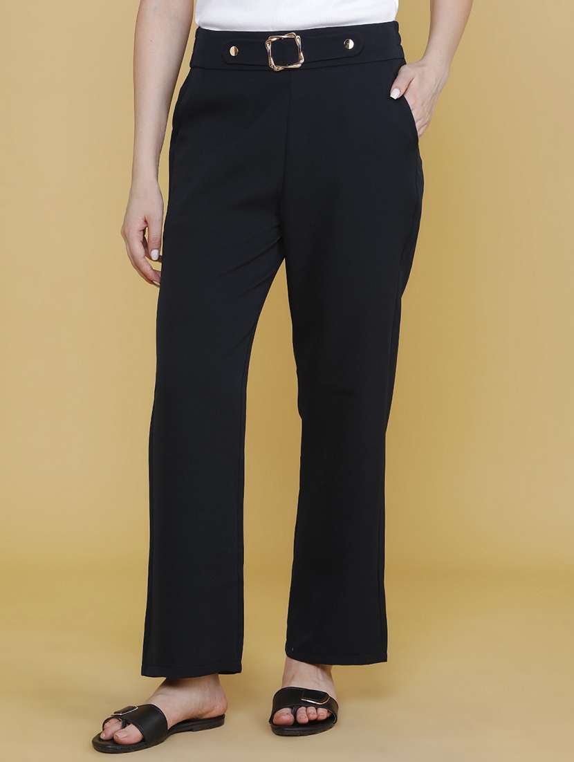 women solid high rise straight trouser