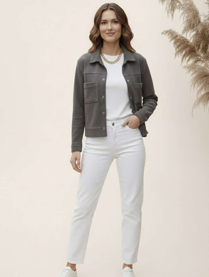women solid collared long sleeve corduroy jacket - 22294262 -  Standard Image - 2
