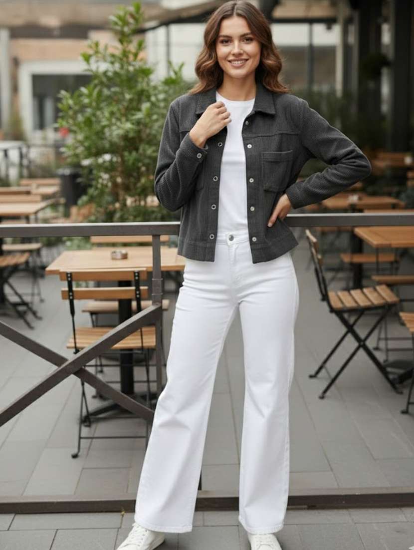 women solid collared long sleeve corduroy jacket - 22294265 -  Standard Image - 2