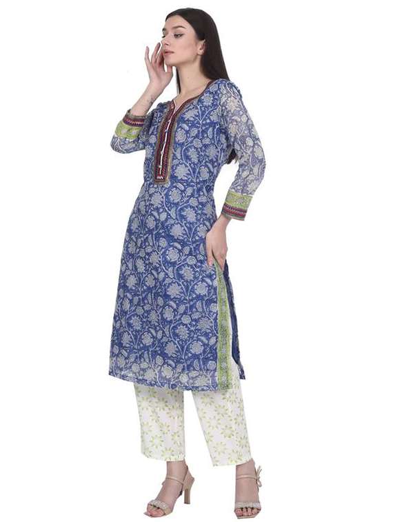 women floral printed three quarter sleeve straight kurta - 22294889 -  Standard Image - 2