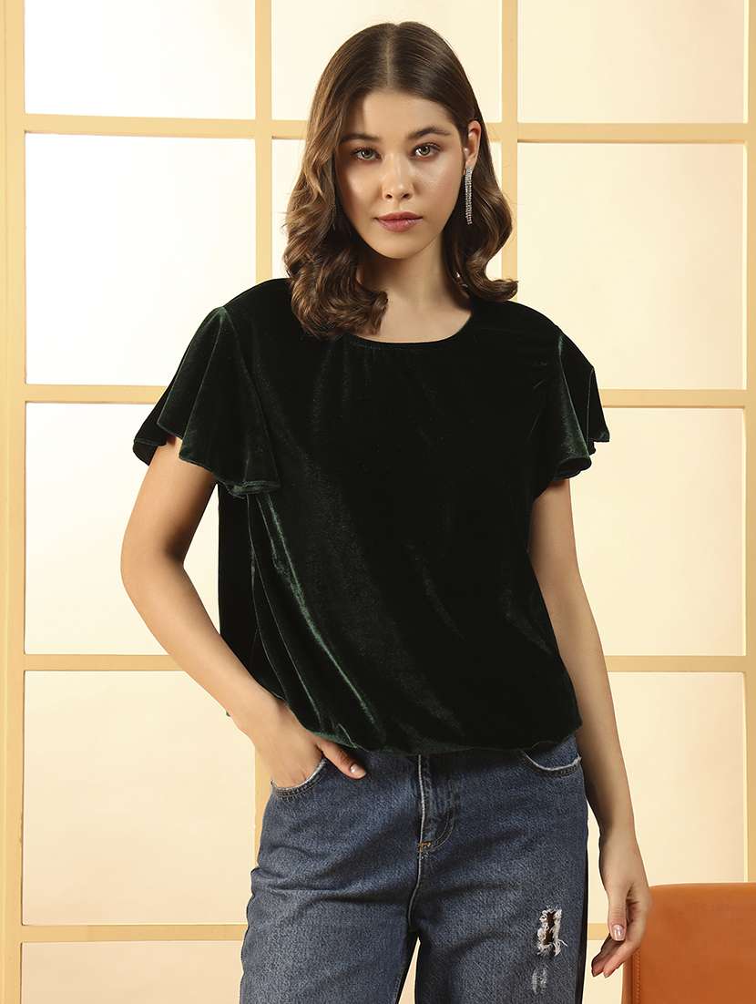 women solid flute sleeve velvet regular top