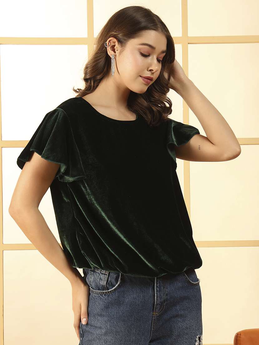 women solid flute sleeve velvet regular top - 22294969 -  Standard Image - 2