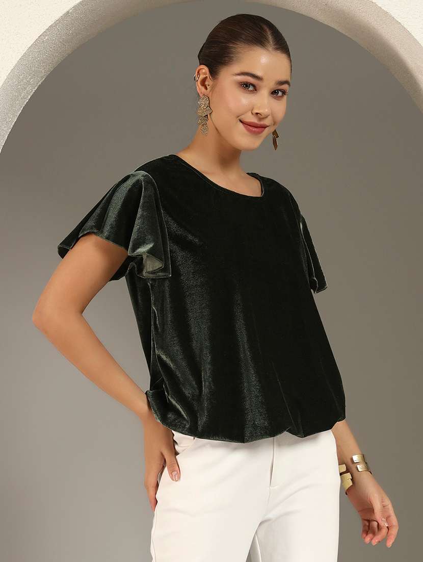 Women Solid Flute Sleeve Velvet Regular Top - 22294970 -  Standard Image - 2