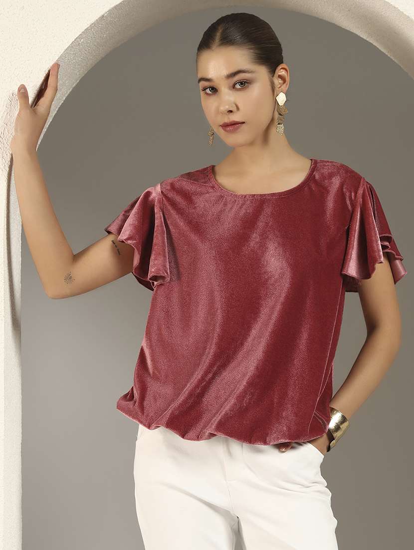 women solid flute sleeve velvet regular top