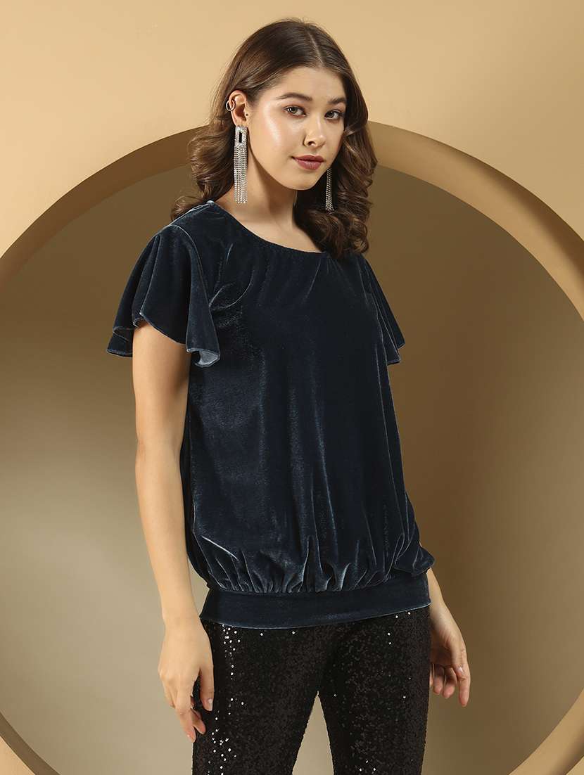 women solid flute sleeve velvet regular top - 22294972 -  Standard Image - 2