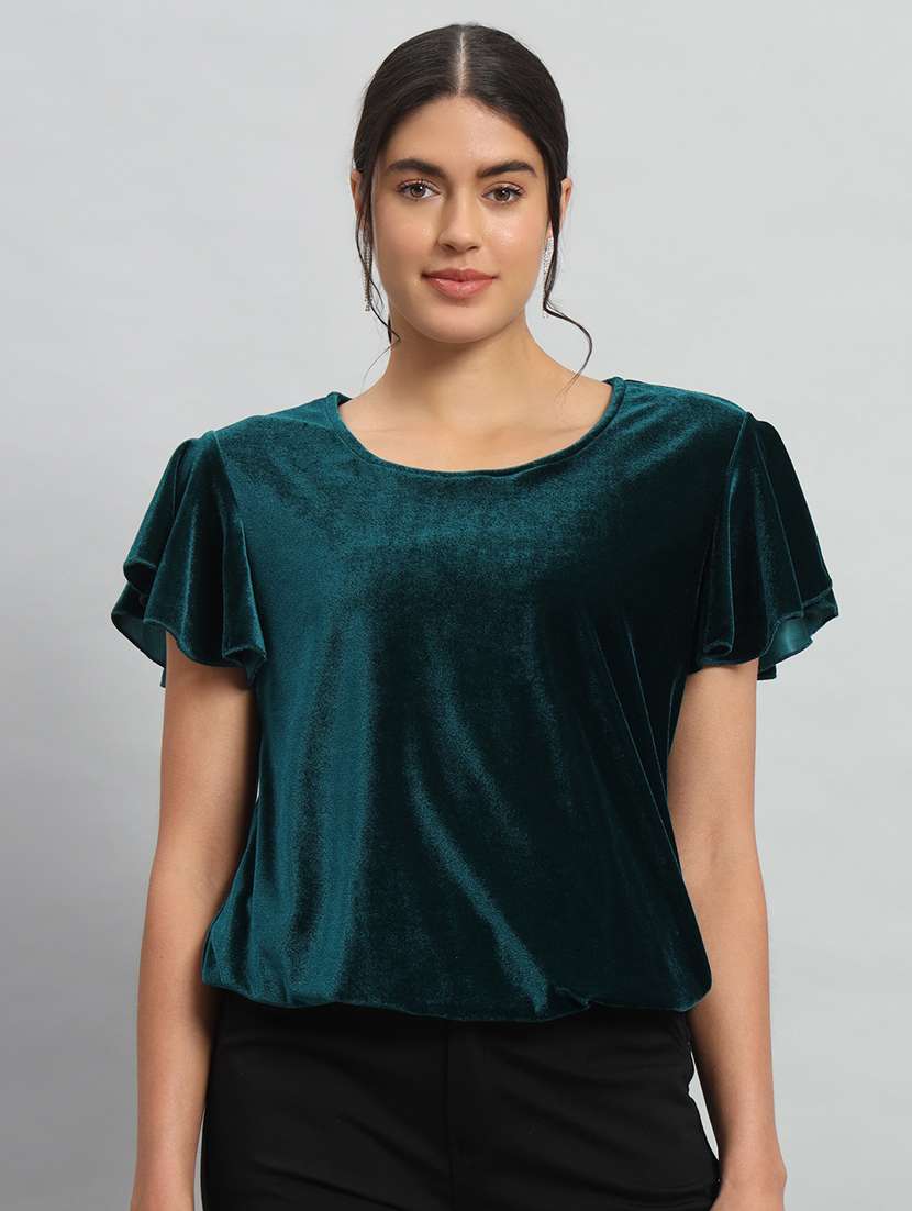 women solid flute sleeve velvet regular top