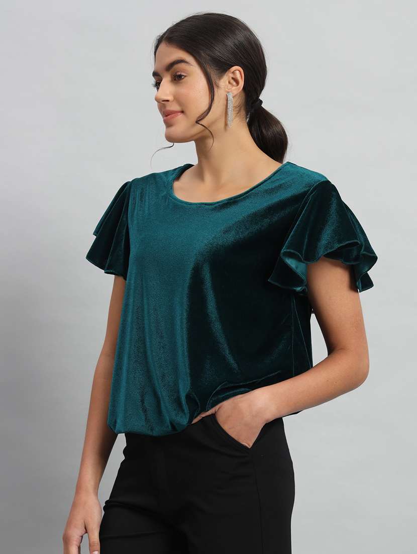 women solid flute sleeve velvet regular top - 22294976 -  Standard Image - 2