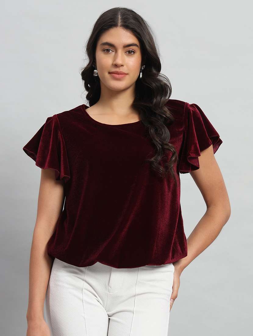 women solid flute sleeve velvet regular top