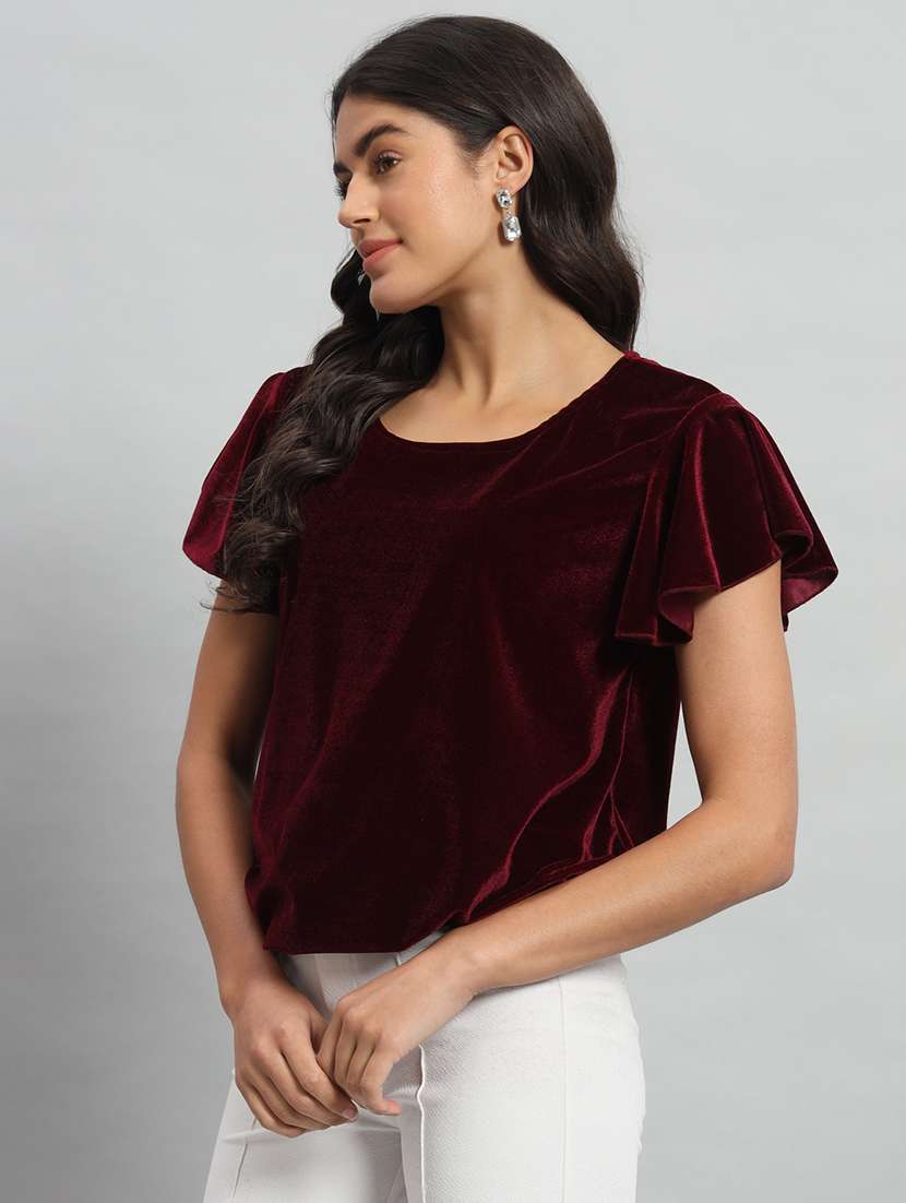 women solid flute sleeve velvet regular top - 22294977 -  Standard Image - 2