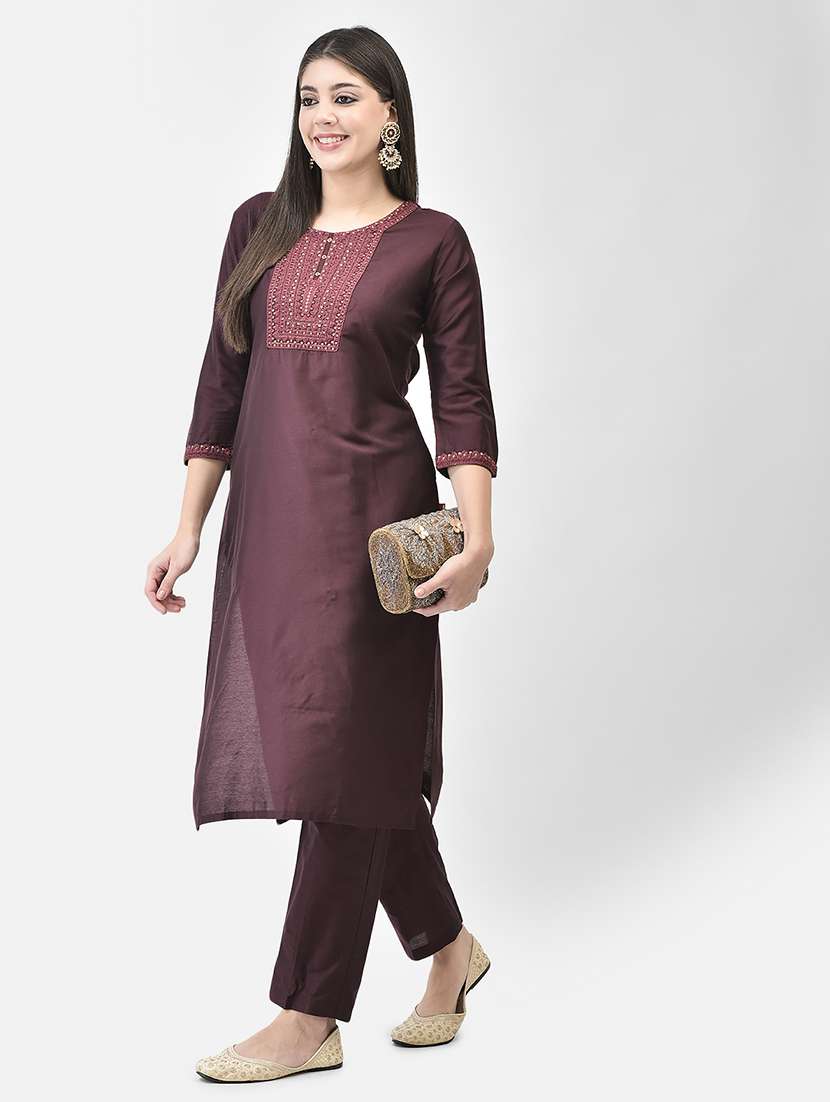 women solid witth work three quarter sleeve kurta pant set - 22295026 -  Standard Image - 7