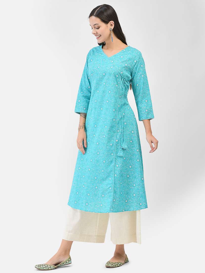 women printed three quarter sleeve angrakha kurta - 22295033 -  Standard Image - 2