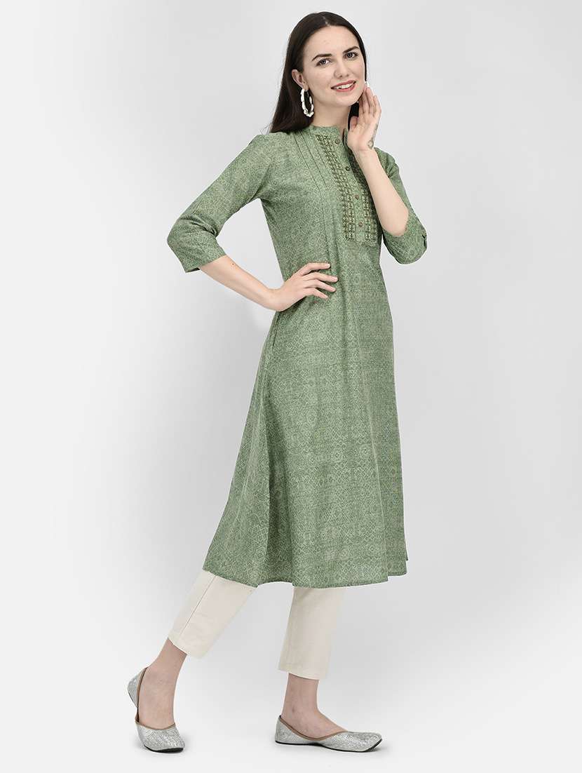 Women Printed Three Quarter Sleeve A-line Kurta - 22295078 -  Standard Image - 2