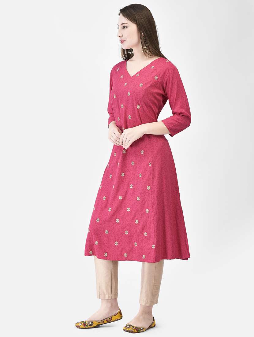 women printed three quarter sleeve a-line kurta - 22295084 -  Standard Image - 2