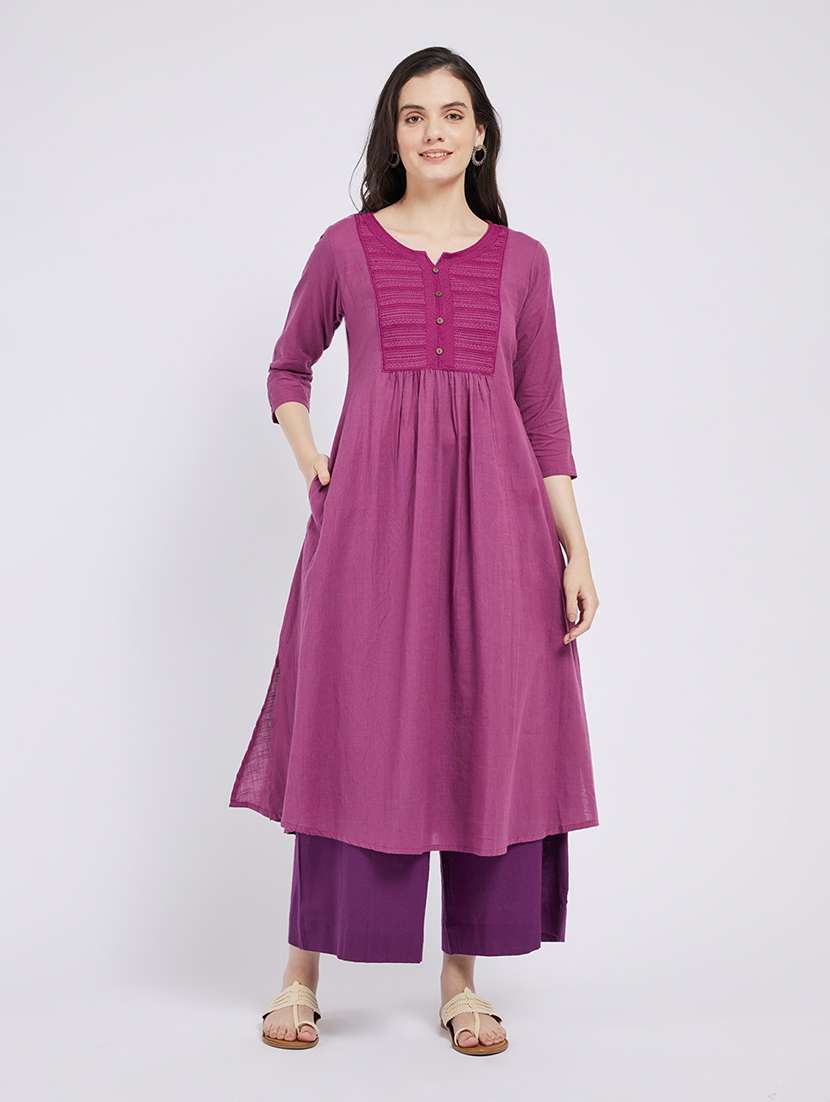 women solid with work three quarter sleeve a-line kurta