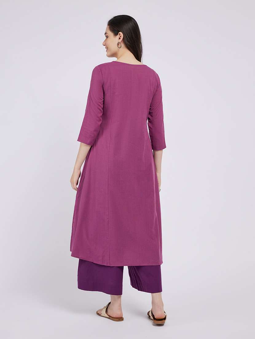 women solid with work three quarter sleeve a-line kurta - 22295090 -  Standard Image - 2