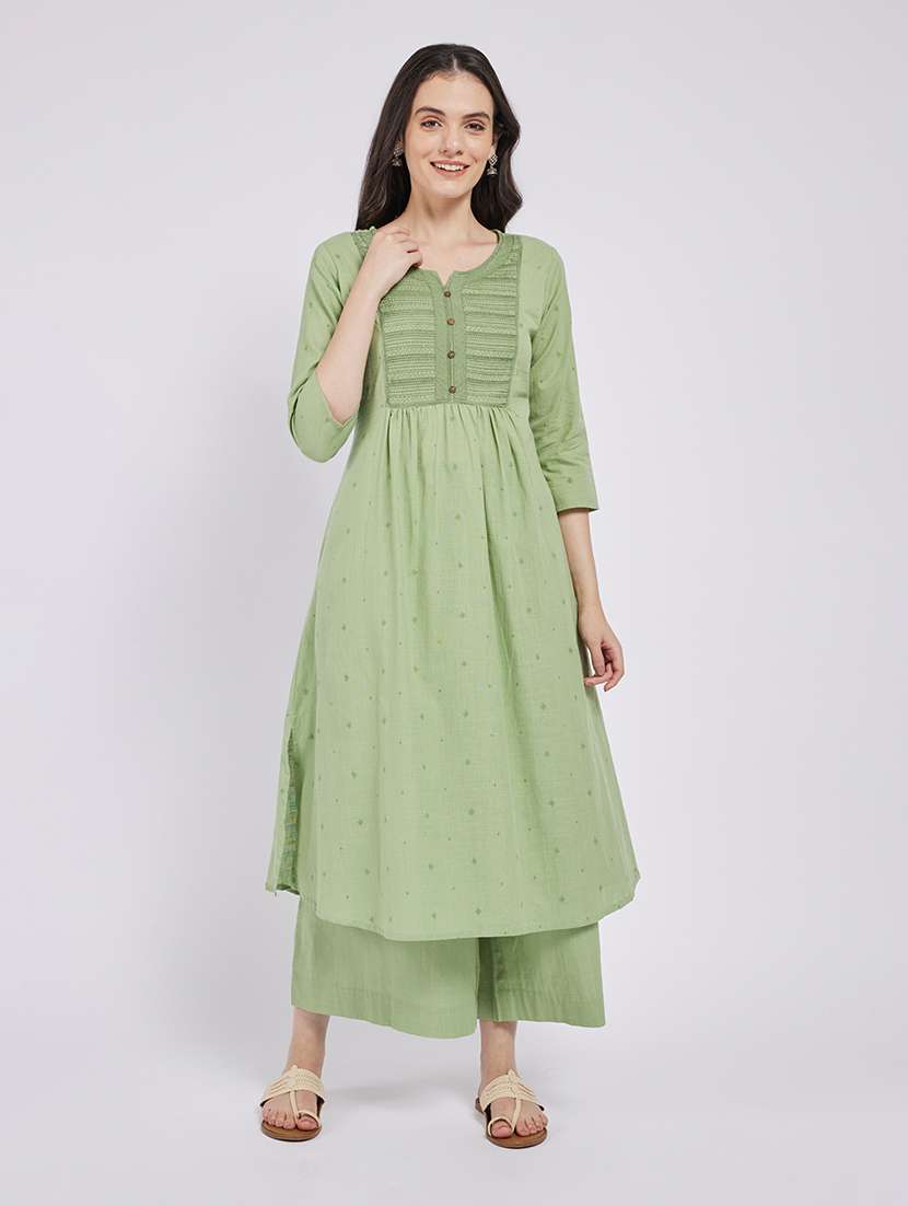 women self design three quarter sleeve a-line kurta
