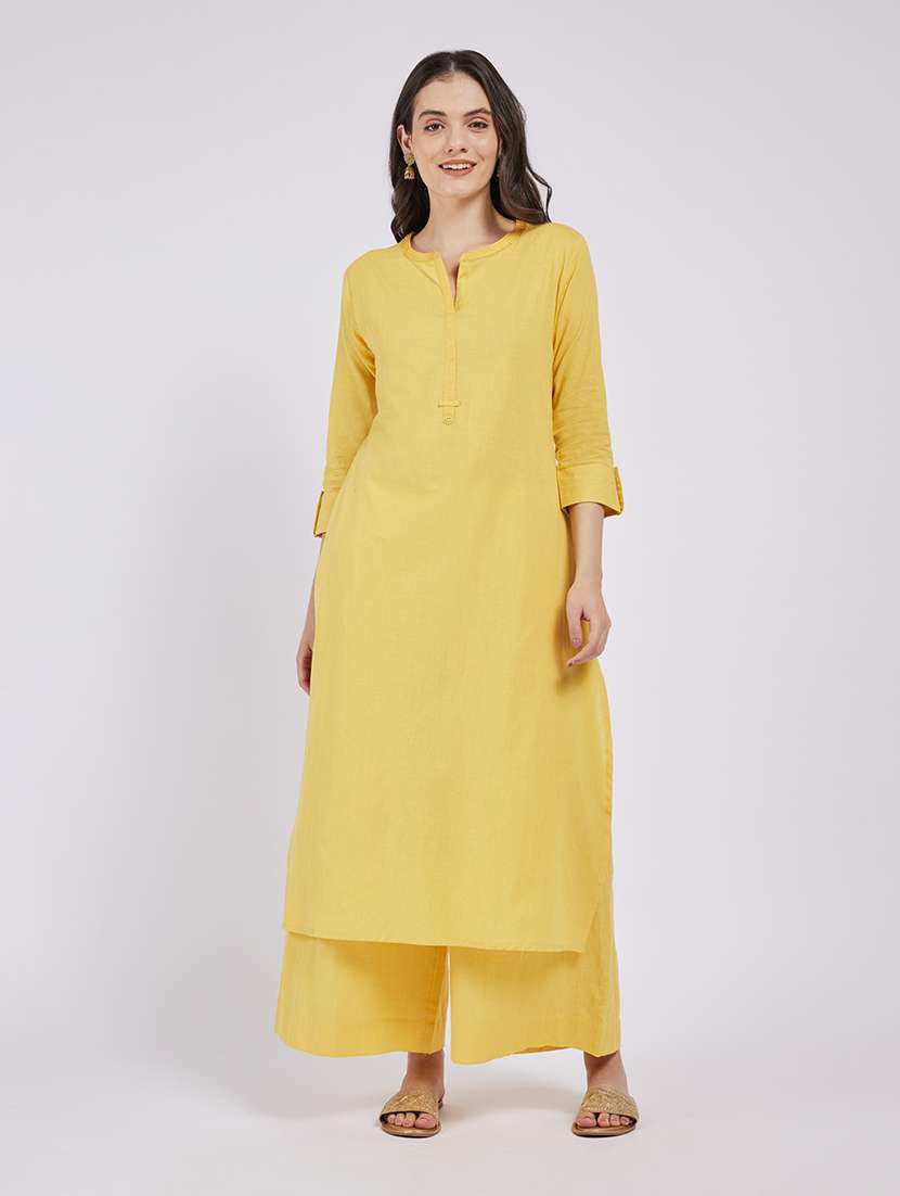 women solid three quarter sleeve straight kurta