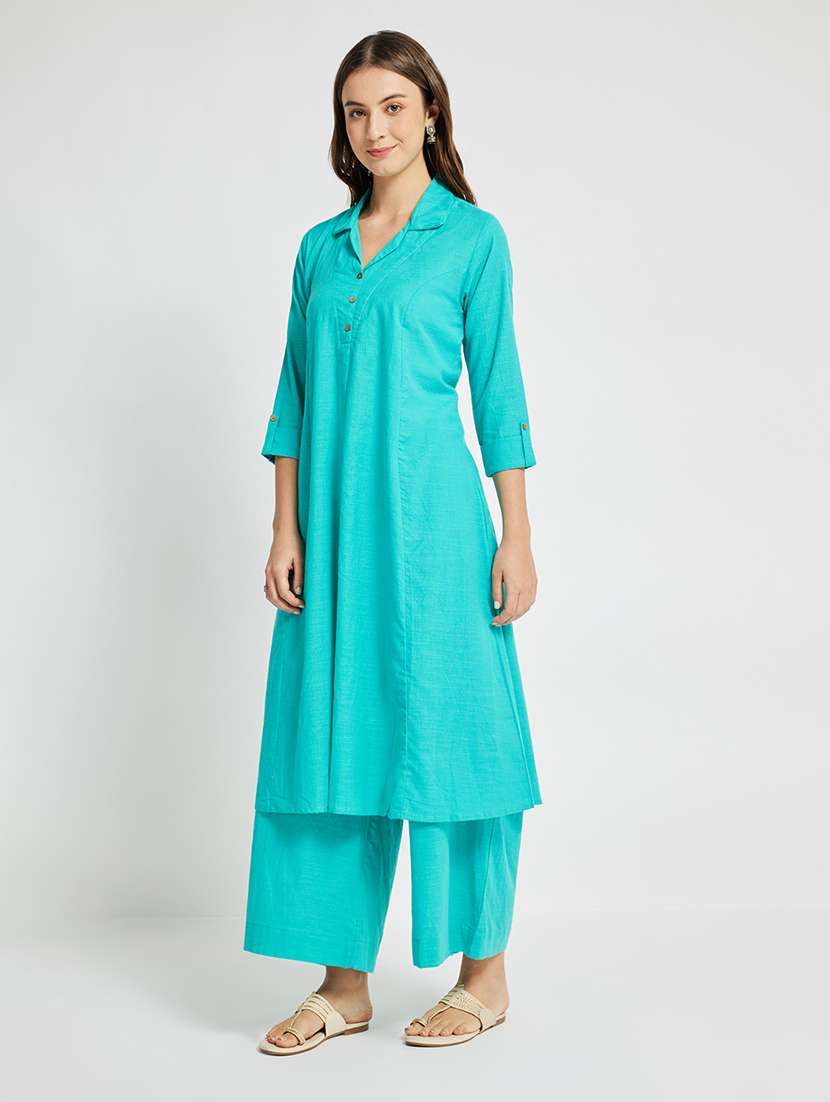 women solid three quarter sleeve a-line kurta - 22295103 -  Standard Image - 2