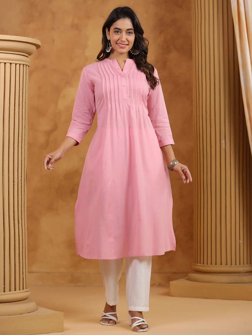 women solid three quarter sleeve a-line kurta