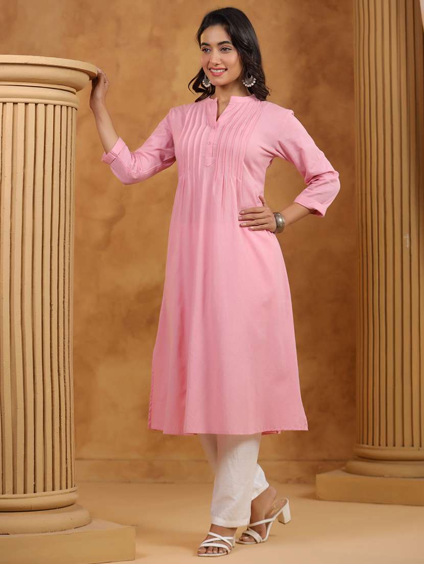 women solid three quarter sleeve a-line kurta - 22295110 -  Standard Image - 2