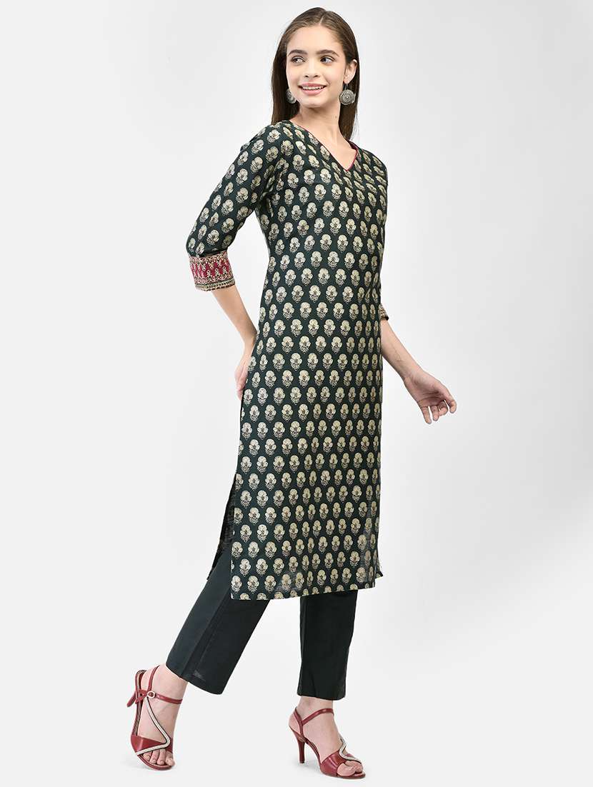 women floral printed three quarter sleeve straight kurta - 22295118 -  Standard Image - 2