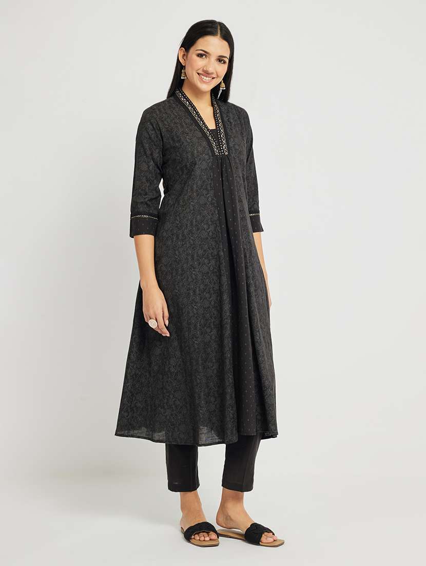 women printed three quarter sleeve a-line kurta - 22295120 -  Standard Image - 2