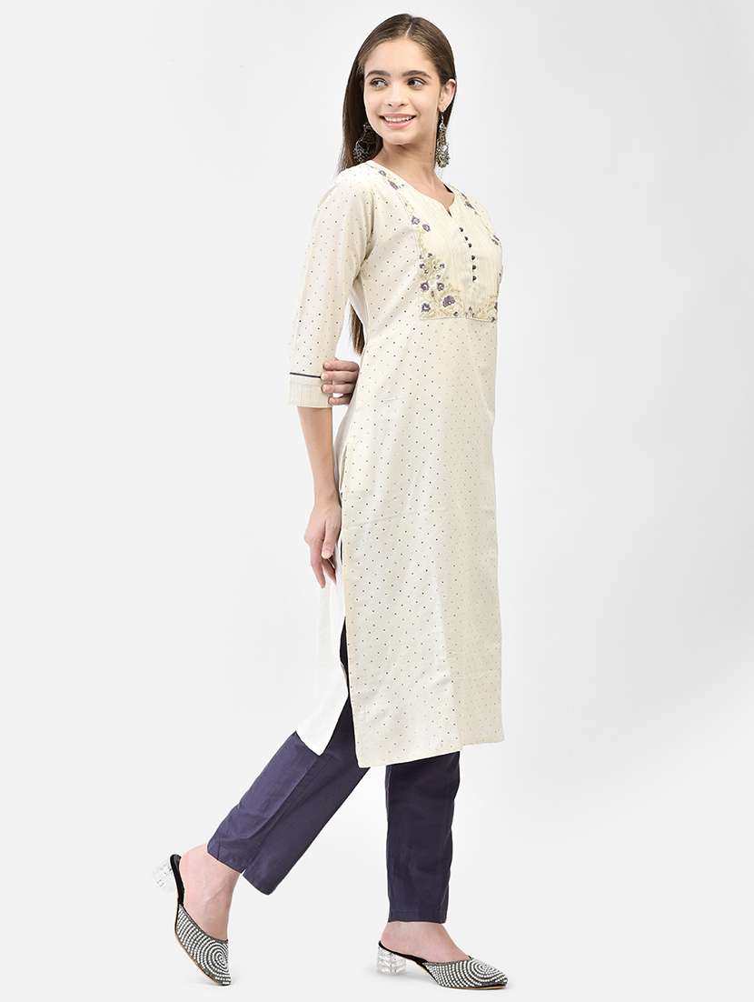 women solid with work three quarter sleeve straight kurta - 22295123 -  Standard Image - 2