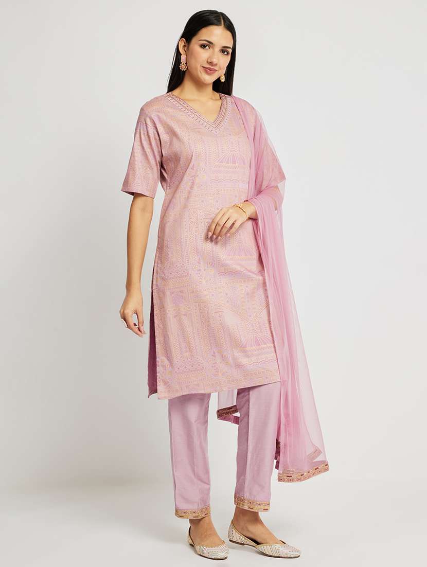 women printed short sleeve straight kurta