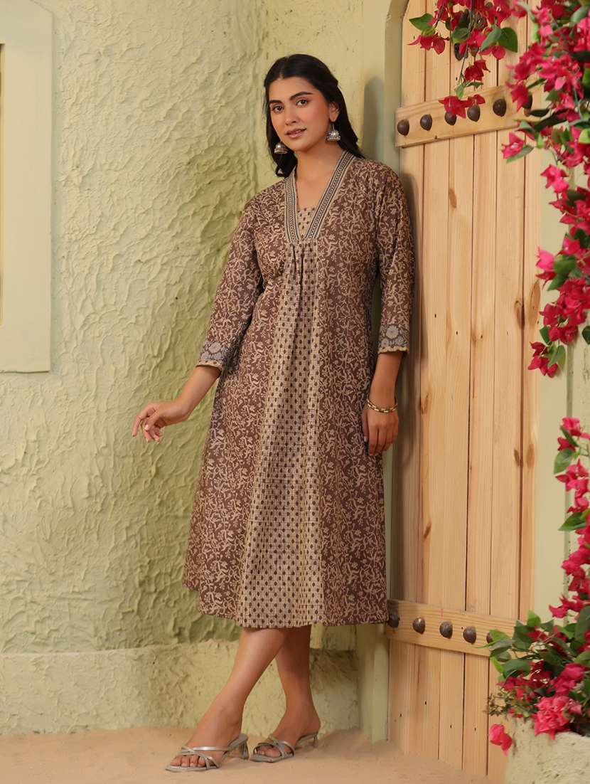 women printed three quarter sleeve a-line kurta - 22295147 -  Standard Image - 2