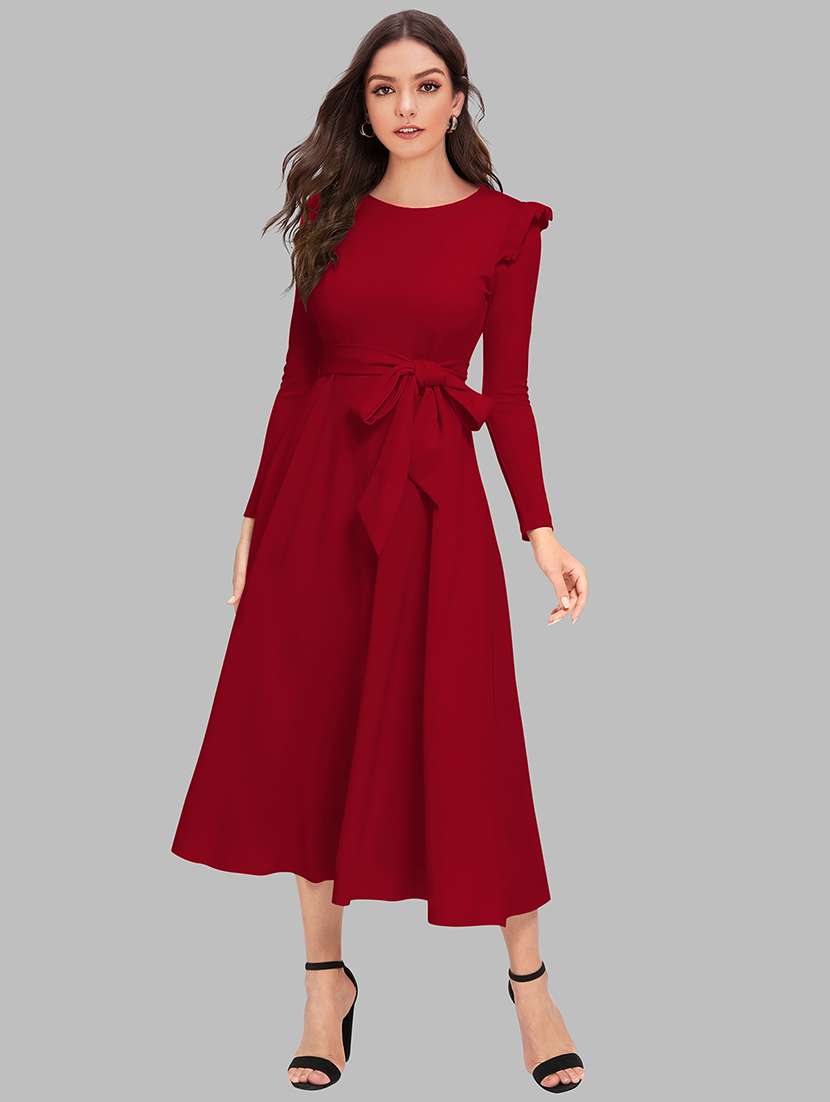 women solid puff sleeve fit & flare dress