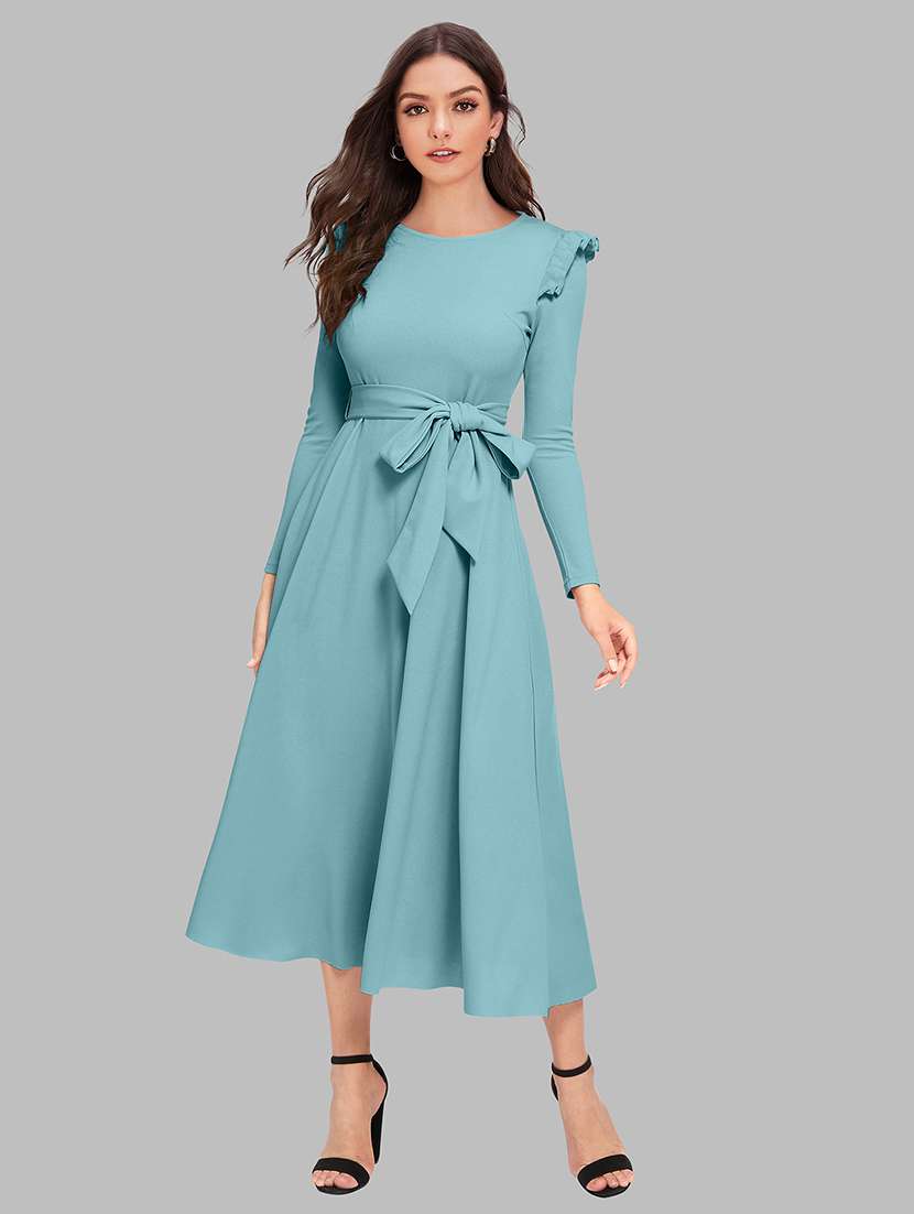 women solid puff sleeve fit & flare dress