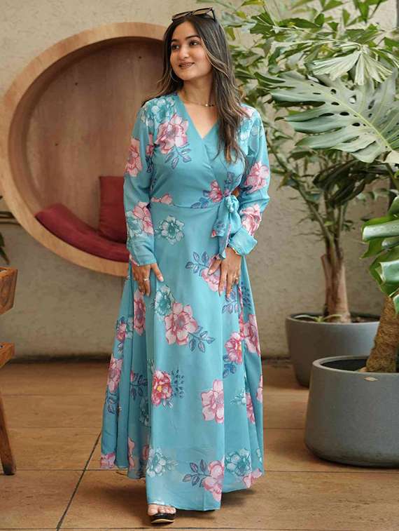women floral print long sleeve fit & flare dress